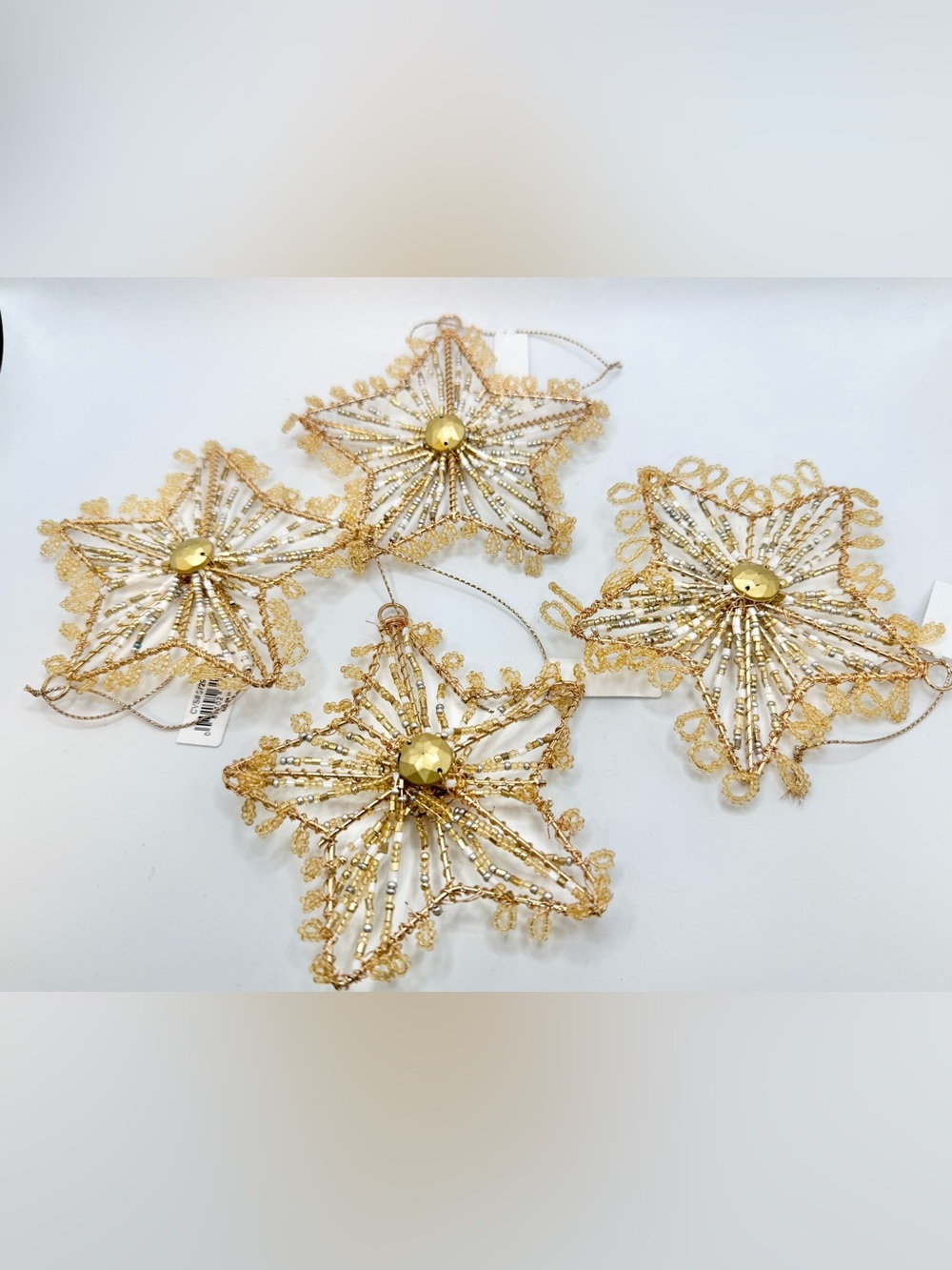 4 Gold Beaded Star Holiday tree Ornament - Sparkling Star Decoration